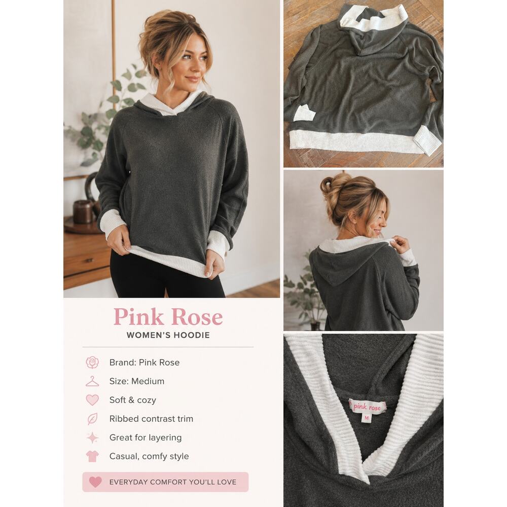 Pink Rose Womens Medium Hooded Sweater Gray Cream Contrast Trim Cozy Pullover